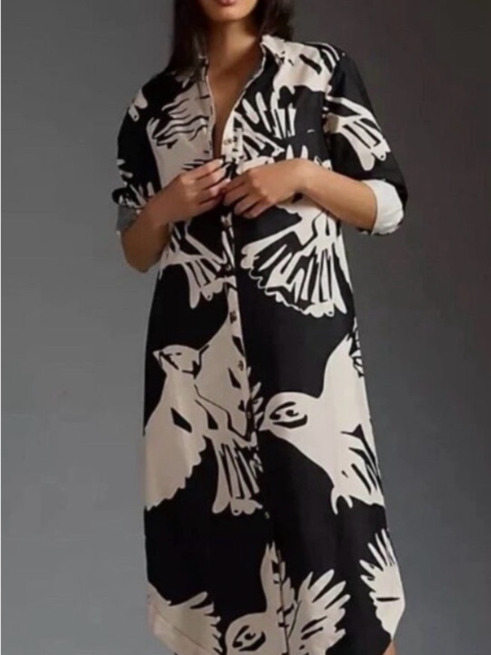 Anthropologie Black & Cream Graphic Bird Button-Down Midi Dress